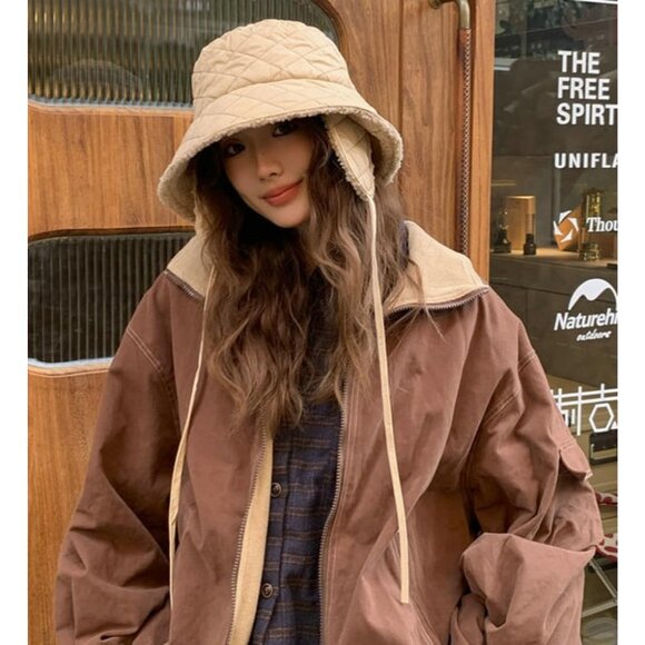 Winter Quilted Bucket Hat Women Down Padding Foldable Earflap Thick Plush
